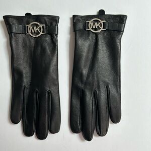 Michael Kors classic black leather gloves with silvertone MK logo hardware
